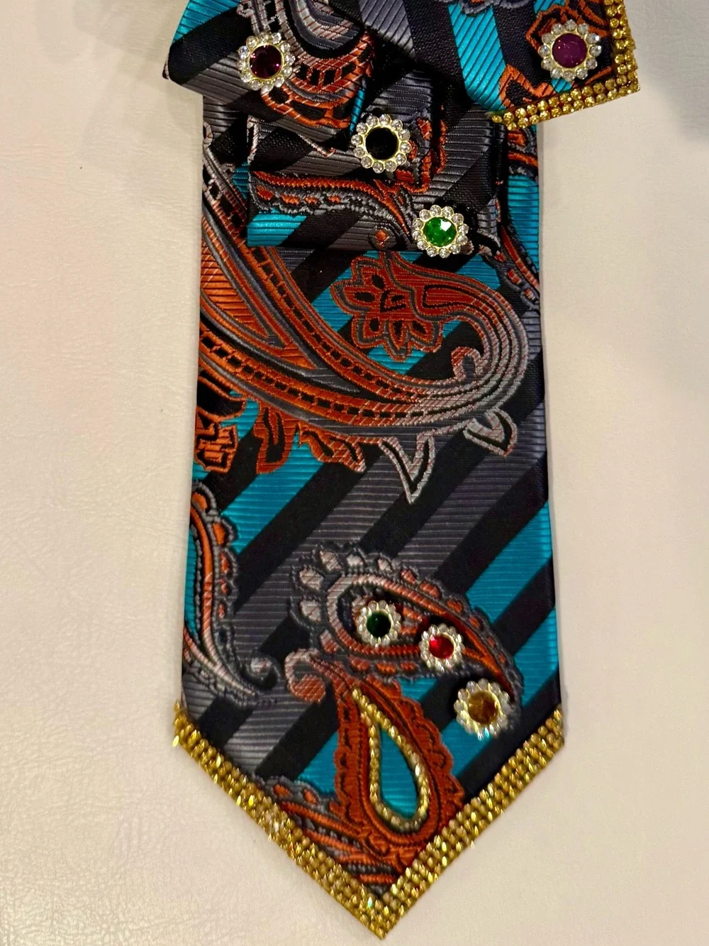 Multicolor Paisley TIE NECKLACE with Rhinestone Butterfly and Gold Accents